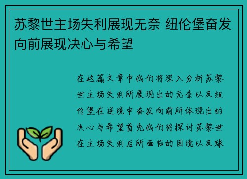 苏黎世主场失利展现无奈 纽伦堡奋发向前展现决心与希望