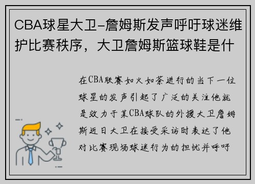 CBA球星大卫-詹姆斯发声呼吁球迷维护比赛秩序，大卫詹姆斯篮球鞋是什么意思