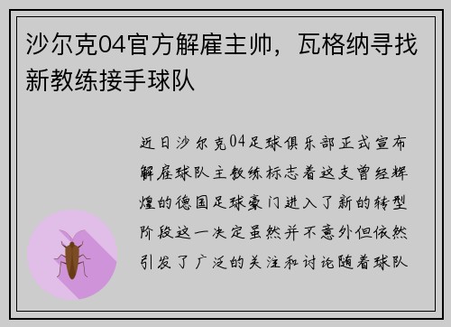 沙尔克04官方解雇主帅，瓦格纳寻找新教练接手球队