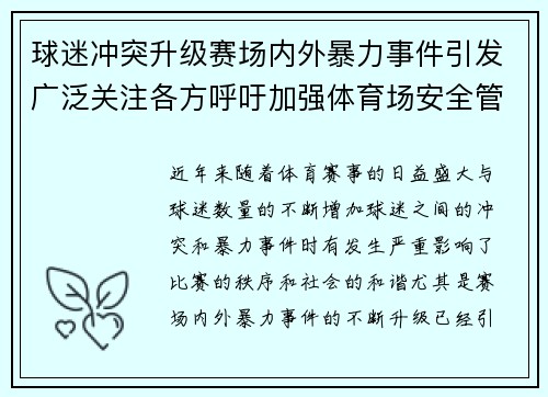 球迷冲突升级赛场内外暴力事件引发广泛关注各方呼吁加强体育场安全管理